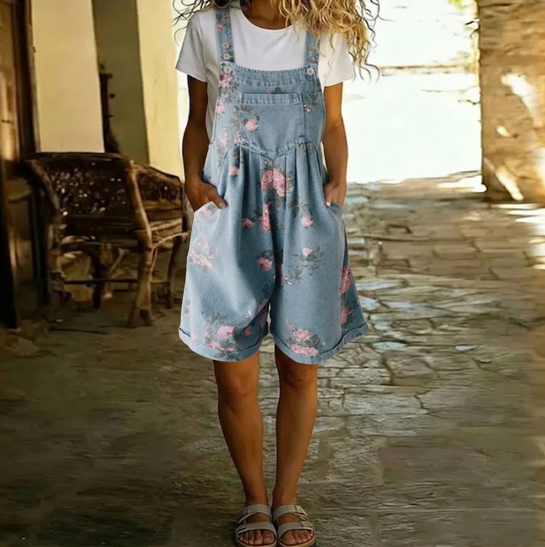 Judy™ | Retro Floral Denim Jumpsuit with Vintage Wash