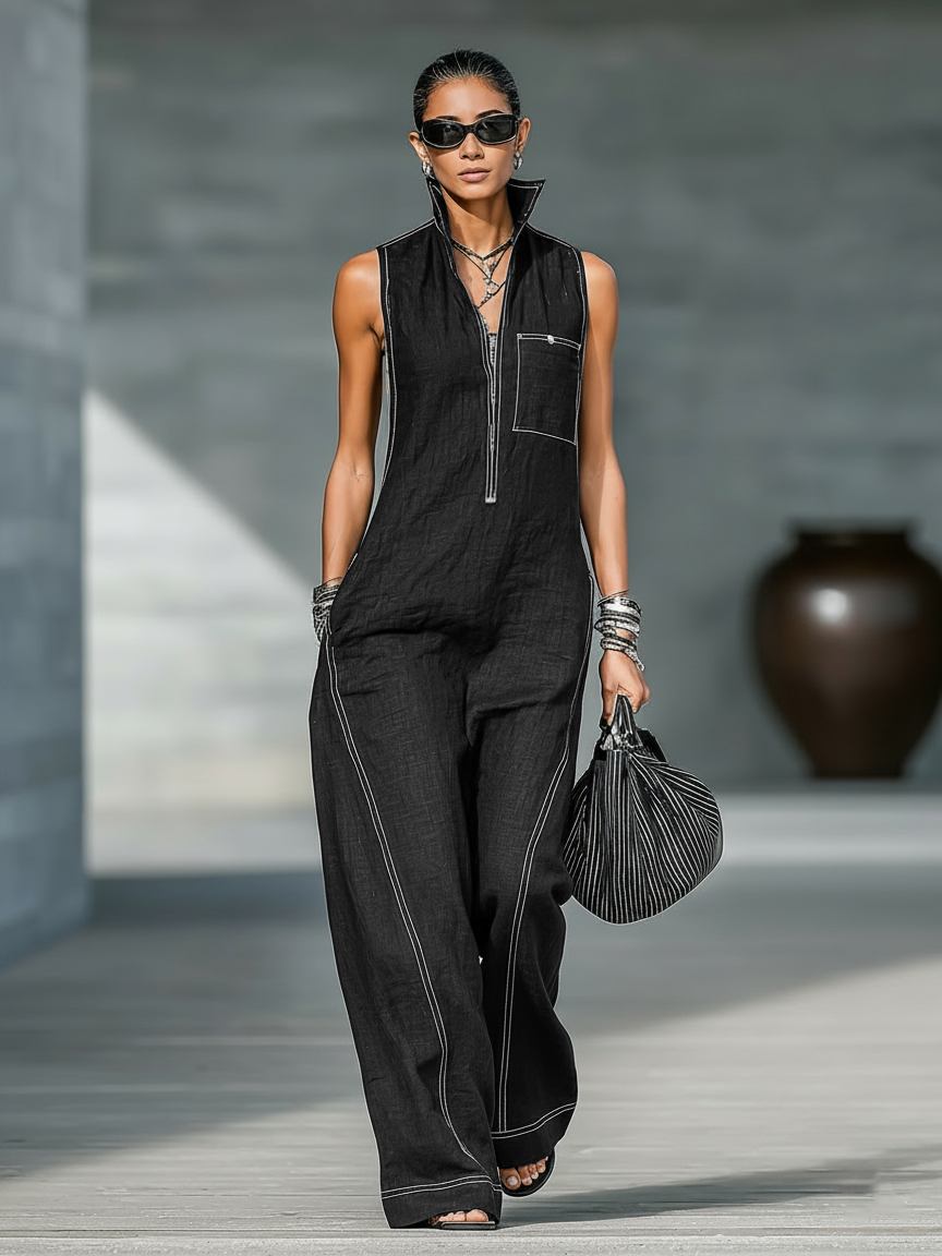 Women's Sleek Sleeveless Jumpsuit with White Accents