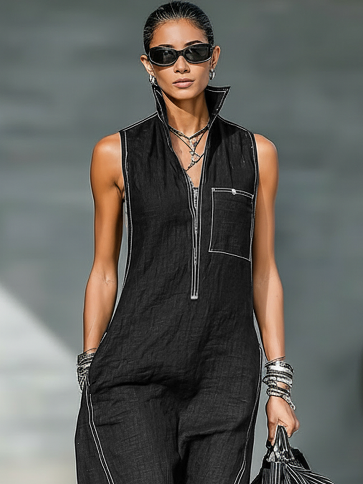 Women's Sleek Sleeveless Jumpsuit with White Accents