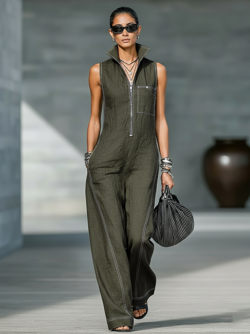 Women's Sleek Sleeveless Jumpsuit with White Accents