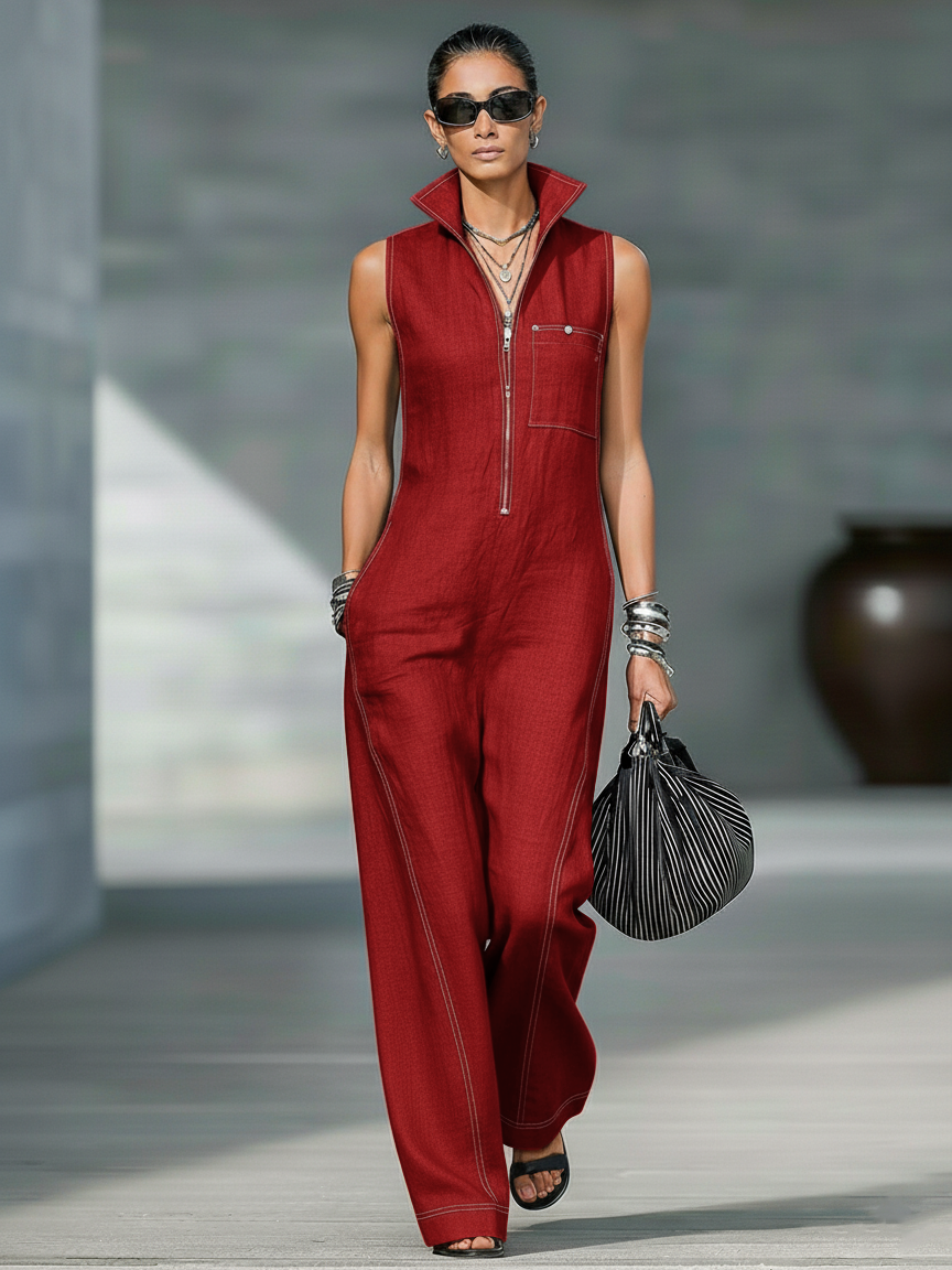 Women's Sleek Sleeveless Jumpsuit with White Accents