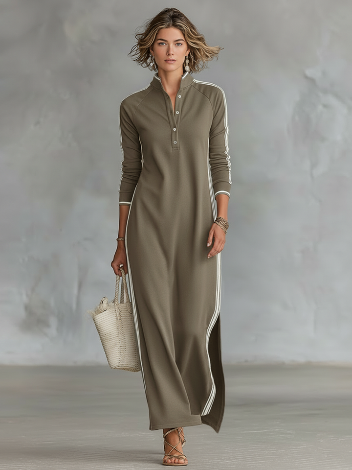 Women's Maxi Sweatshirt Dress with Button-Down Collar and White Trim