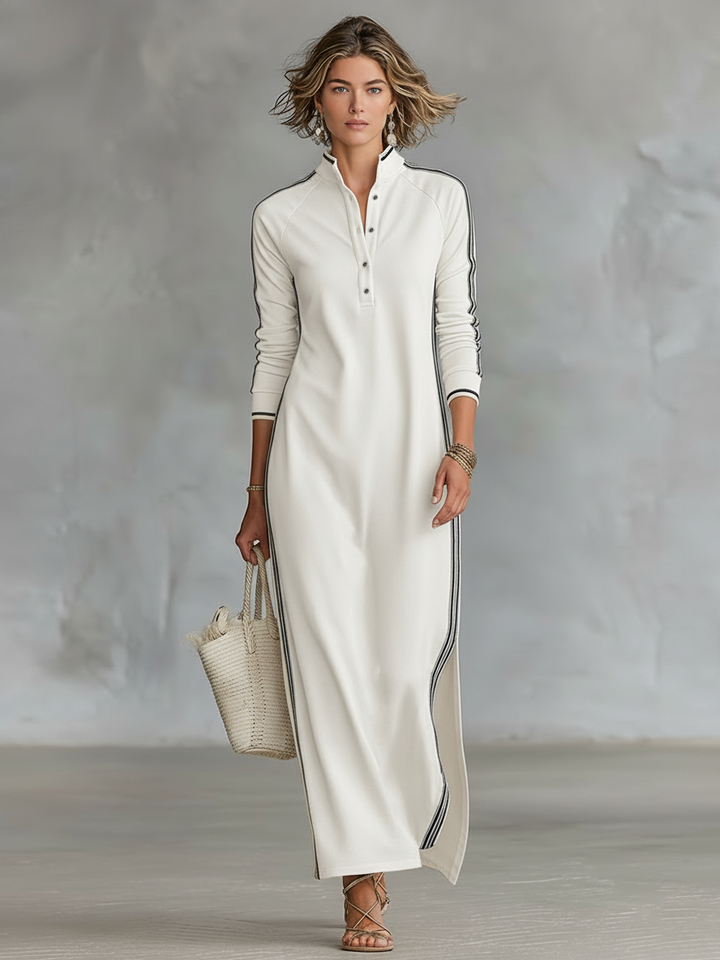 Women's Maxi Sweatshirt Dress with Button-Down Collar and White Trim