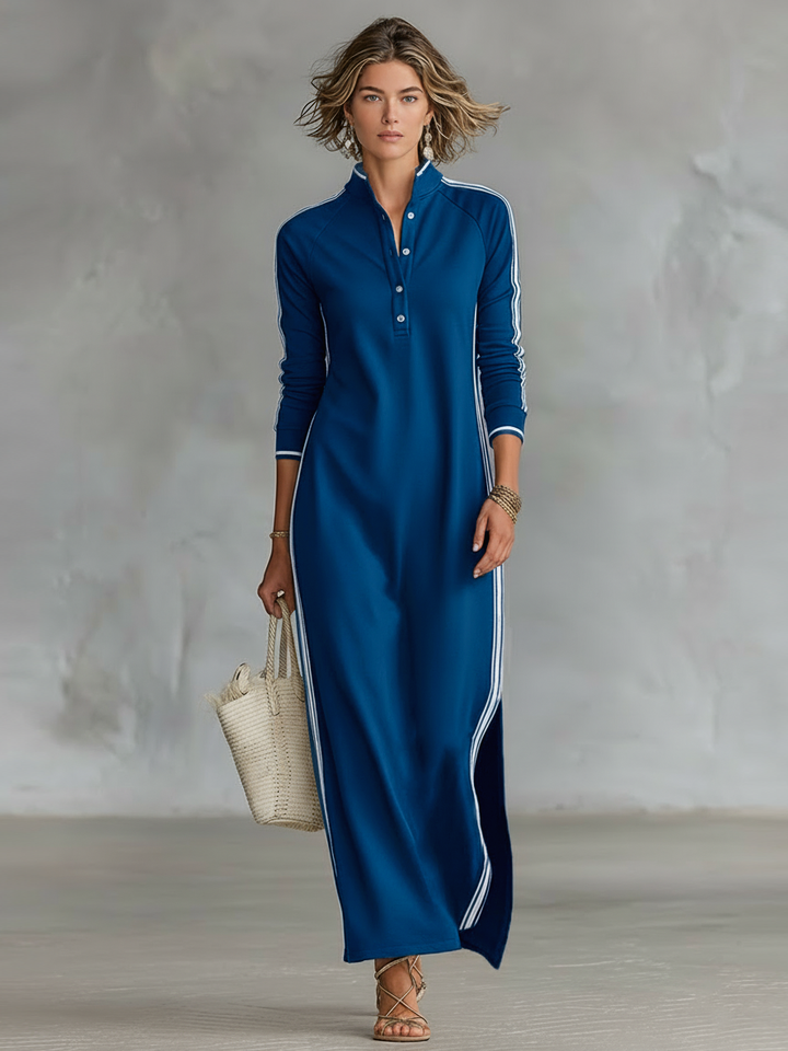 Women's Maxi Sweatshirt Dress with Button-Down Collar and White Trim
