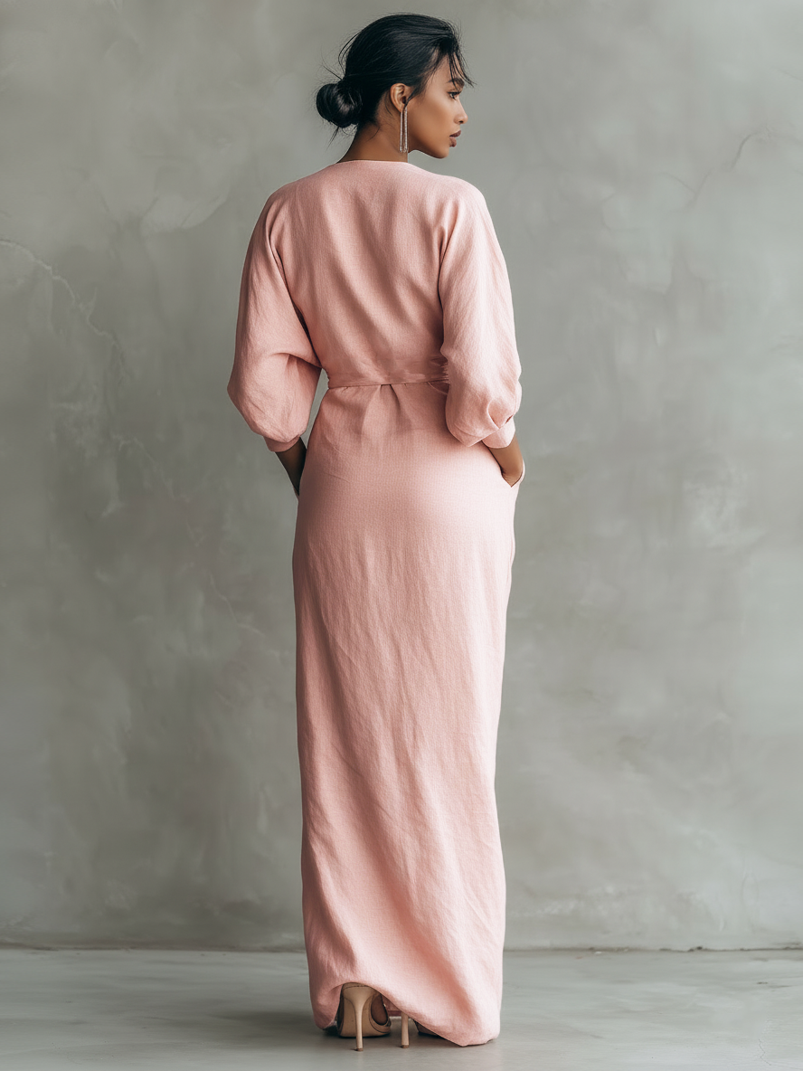 Women's Pink Linen Blend Maxi Dress with V-Neck - Minimalist Style
