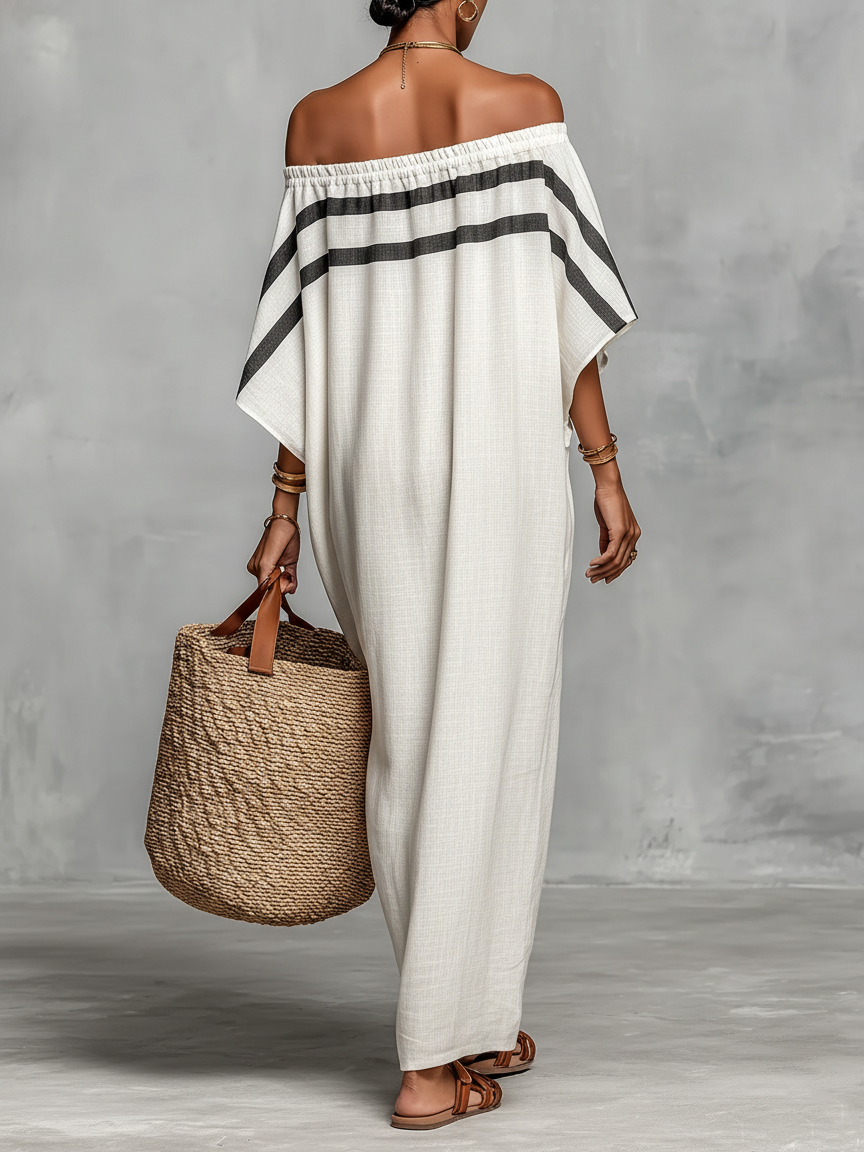 Women's Maxi Linen Dress with Off-the-Shoulder Neckline and Batwing Sleeves - Minimalist Style