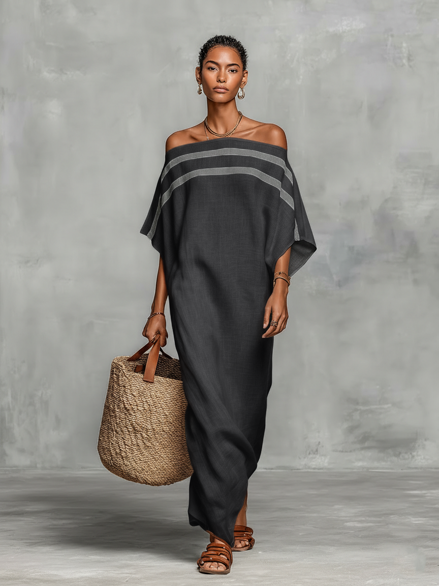 Women's Maxi Linen Dress with Off-the-Shoulder Neckline and Batwing Sleeves - Minimalist Style