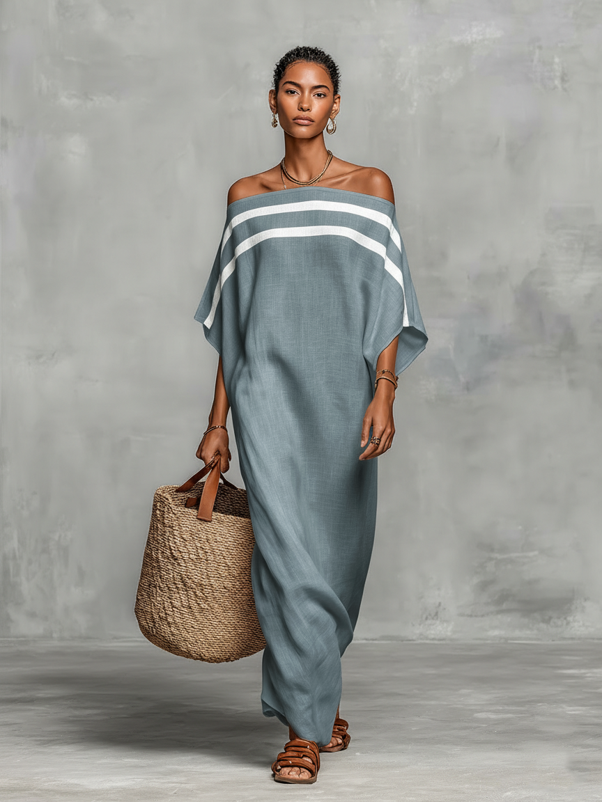 Women's Maxi Linen Dress with Off-the-Shoulder Neckline and Batwing Sleeves - Minimalist Style