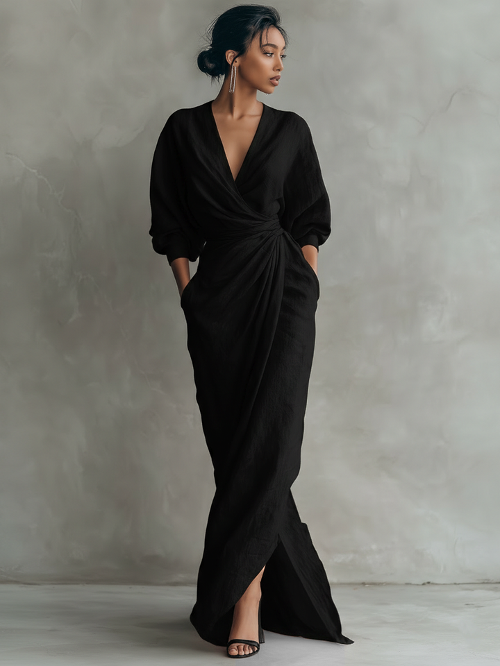 Women's Pink Linen Blend Maxi Dress with V-Neck - Minimalist Style