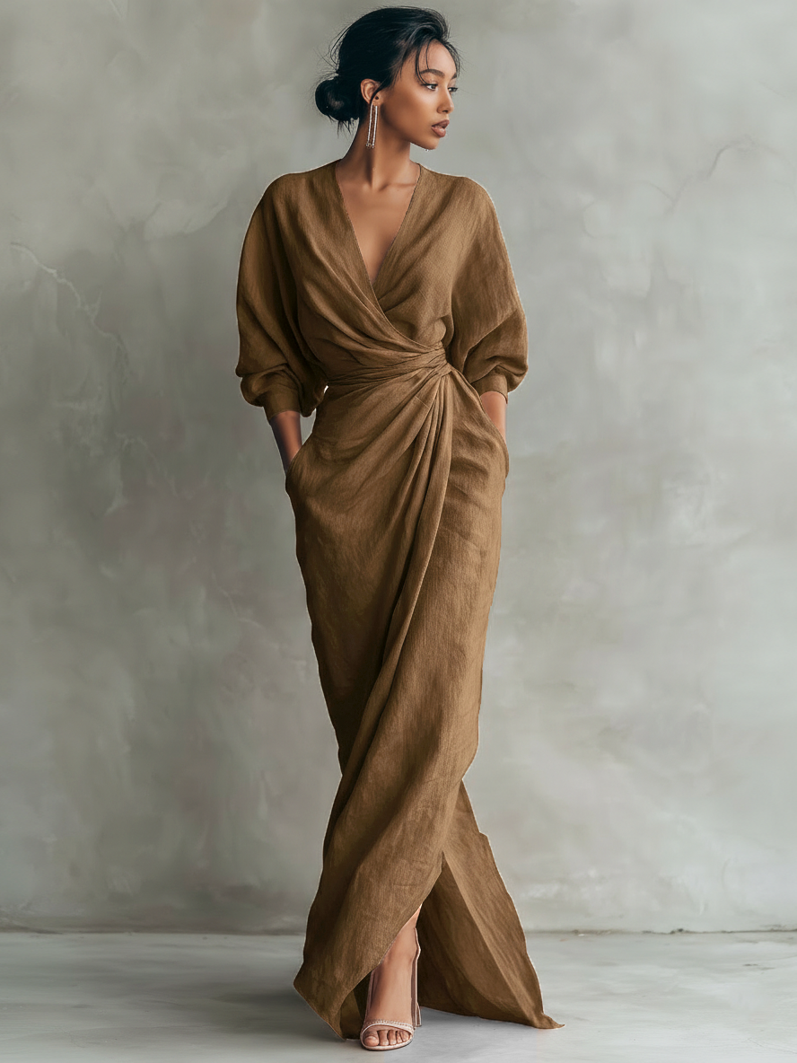 Women's Pink Linen Blend Maxi Dress with V-Neck - Minimalist Style
