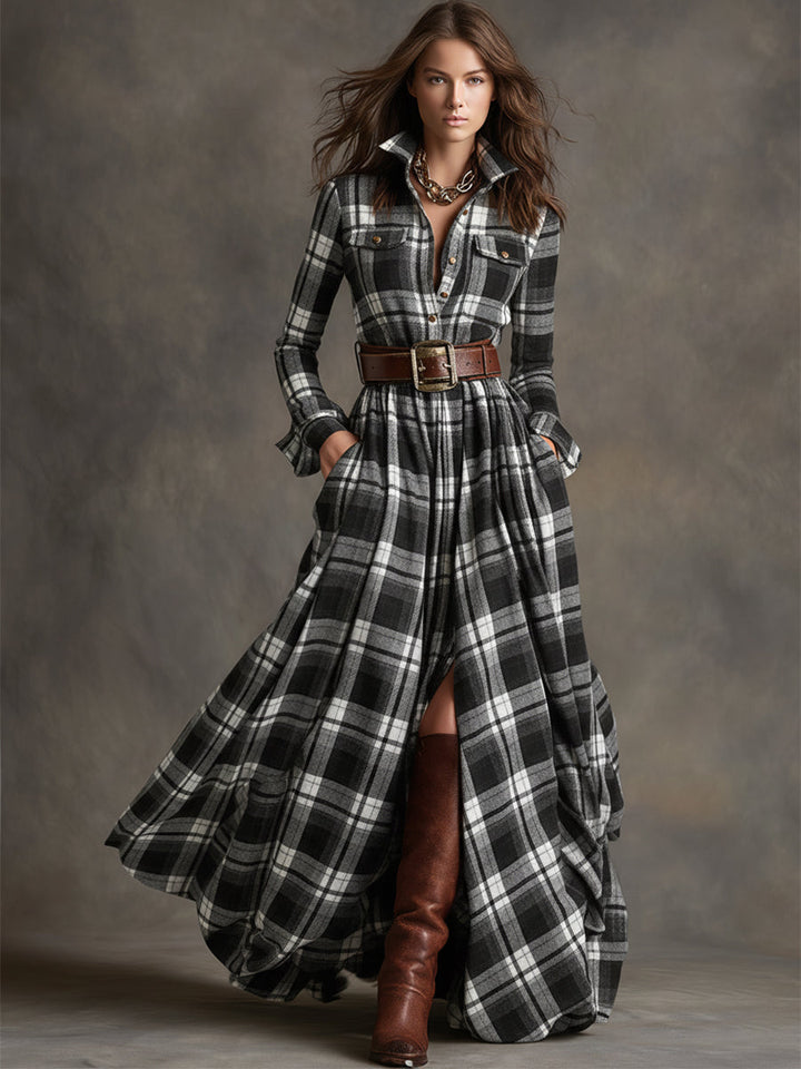 Harriet™ – Belted Plaid Maxi Shirt Dress