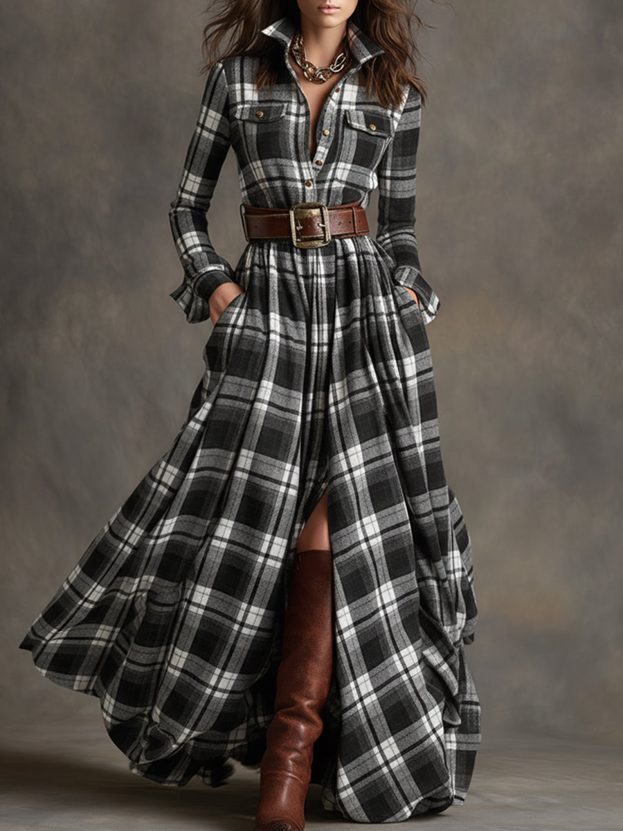 Harriet™ – Belted Plaid Maxi Shirt Dress