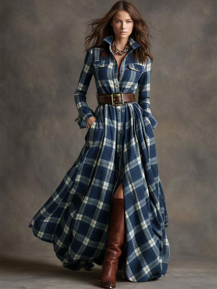 Harriet™ – Belted Plaid Maxi Shirt Dress