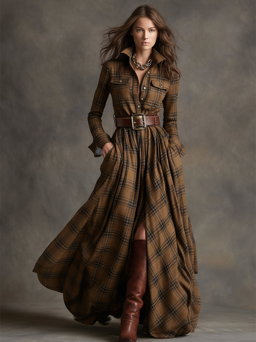 Harriet™ – Belted Plaid Maxi Shirt Dress