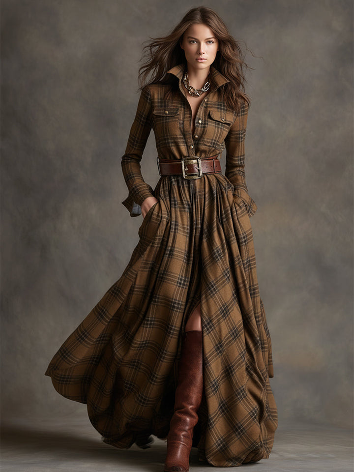 Harriet™ – Belted Plaid Maxi Shirt Dress