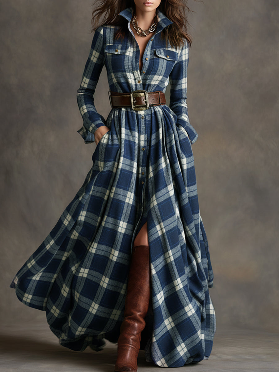 Harriet™ – Belted Plaid Maxi Shirt Dress