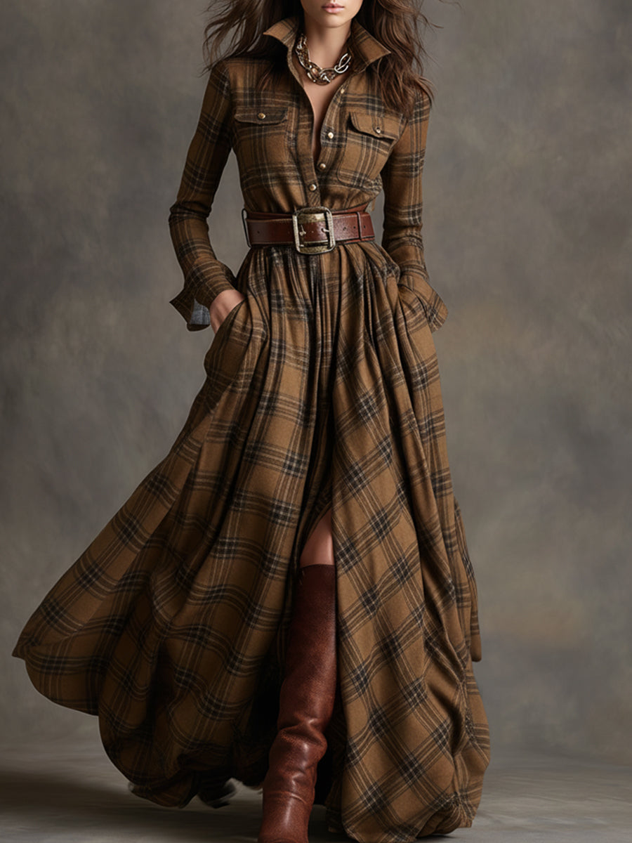 Harriet™ – Belted Plaid Maxi Shirt Dress