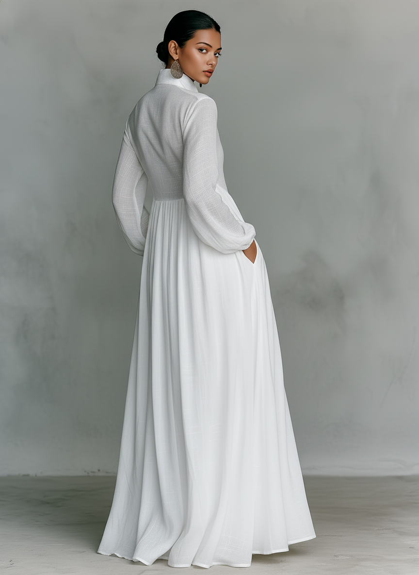 Chic Cotton-Linen Maxi Dress with Patchwork, High Collar, and Long Sleeves