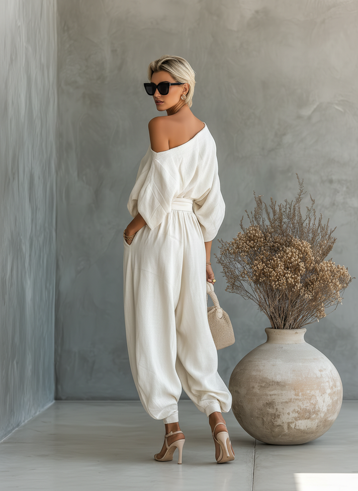 Off-White Linen Women's Set Featuring Off-Shoulder Top and Tapered Pants