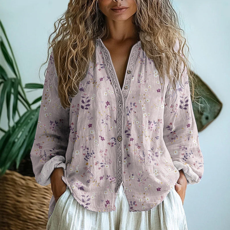 Savannah™ – Printed V-Neck Boho Blouse