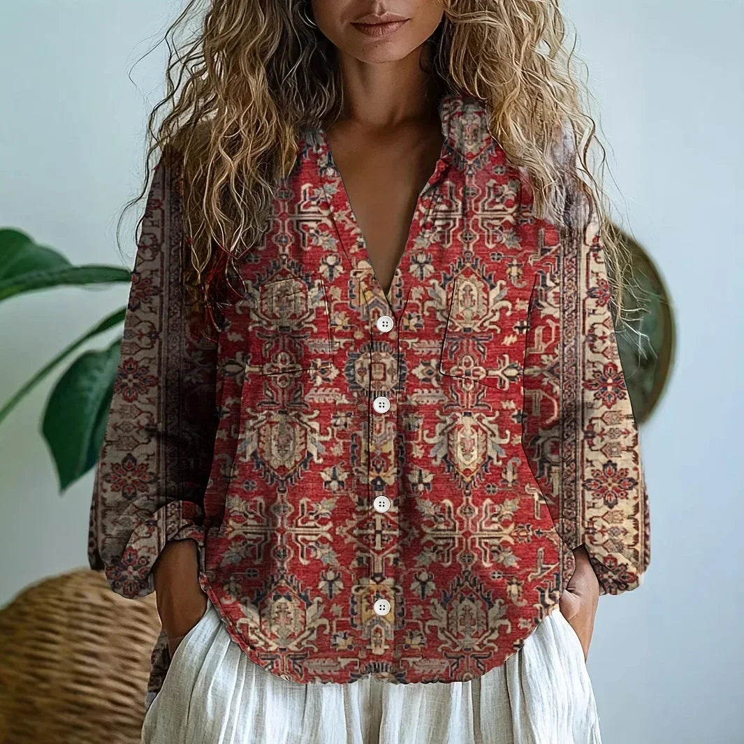 Savannah™ – Printed V-Neck Boho Blouse