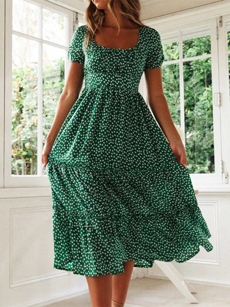 Elena™ – Polka Dot Puff Sleeve Midi Dress