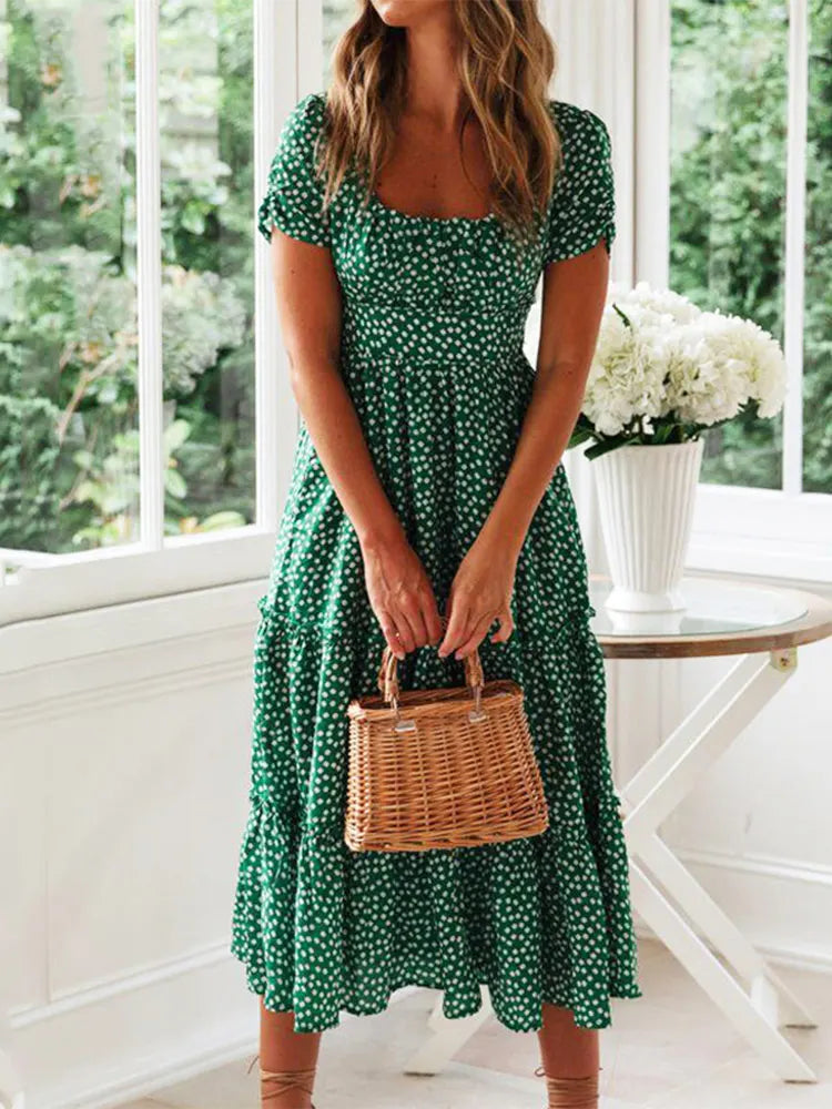 Elena™ – Polka Dot Puff Sleeve Midi Dress