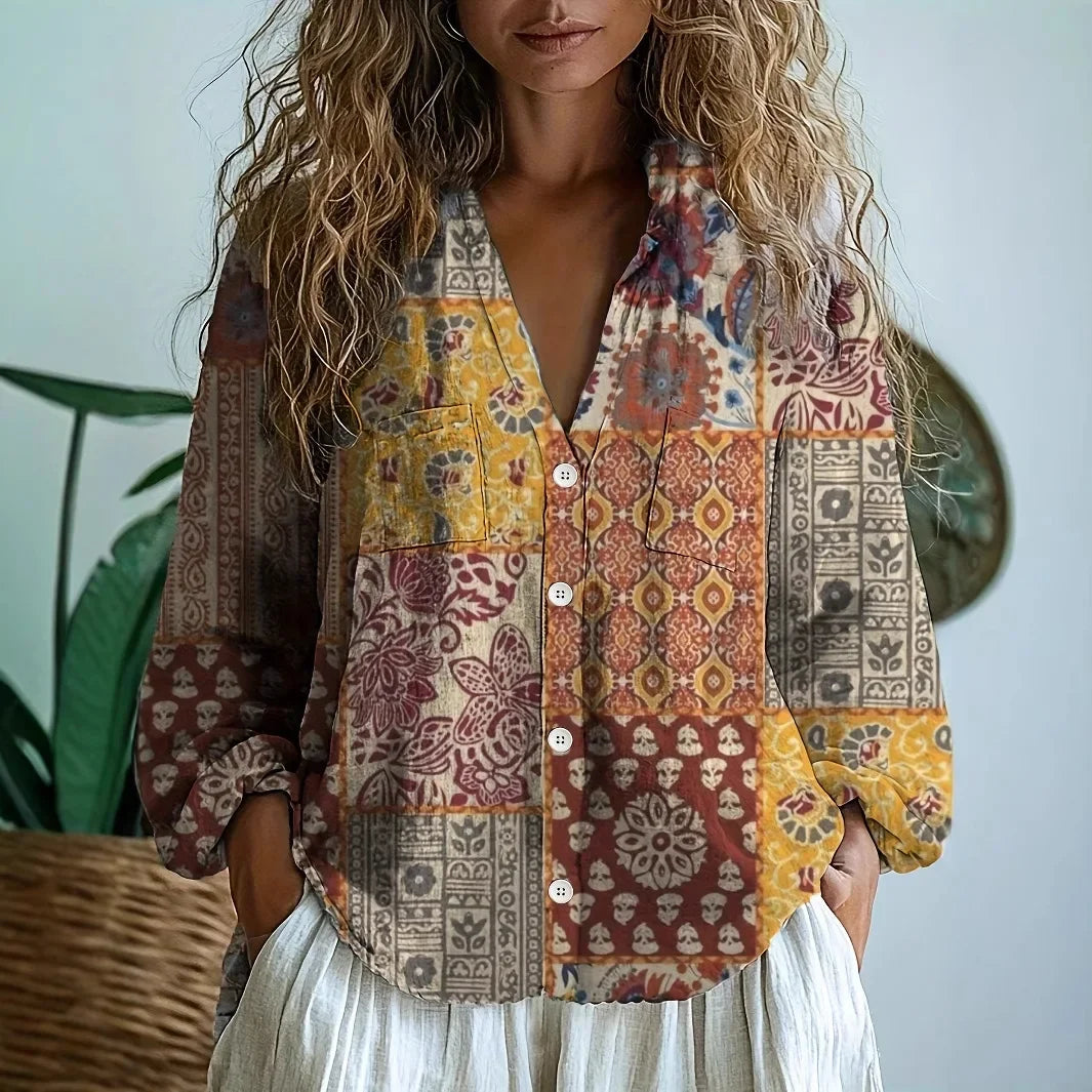 Savannah™ – Printed V-Neck Boho Blouse