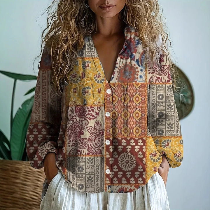 Savannah™ – Printed V-Neck Boho Blouse