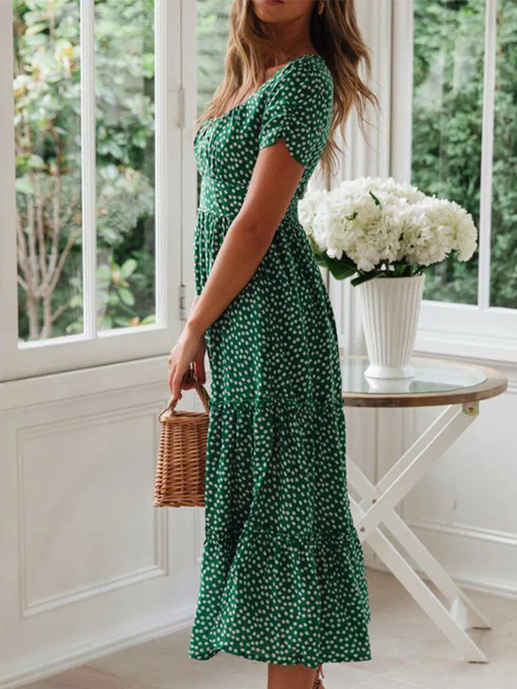 Elena™ – Polka Dot Puff Sleeve Midi Dress