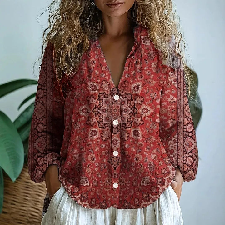 Savannah™ – Printed V-Neck Boho Blouse