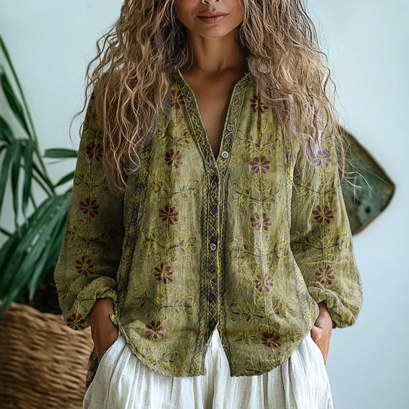 Savannah™ – Printed V-Neck Boho Blouse