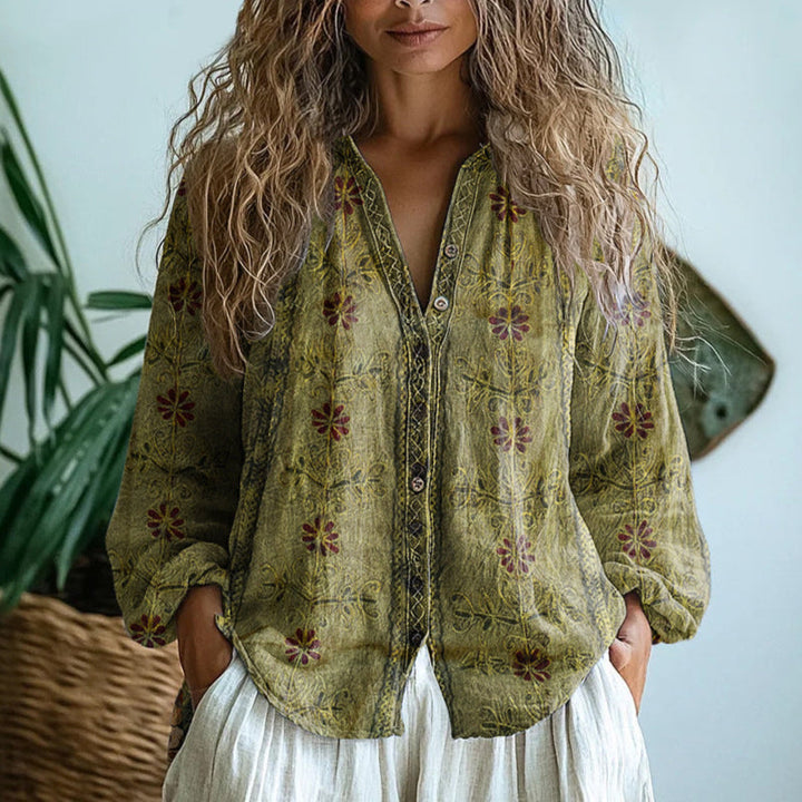 Savannah™ – Printed V-Neck Boho Blouse