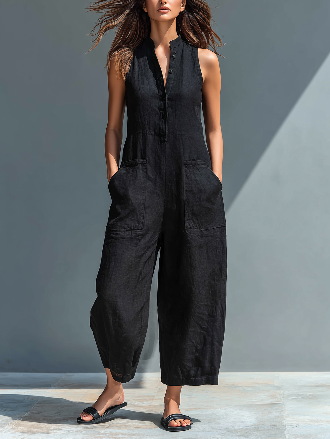 Women's Sleeveless High-Collar Linen Blend Jumpsuit with Button Details