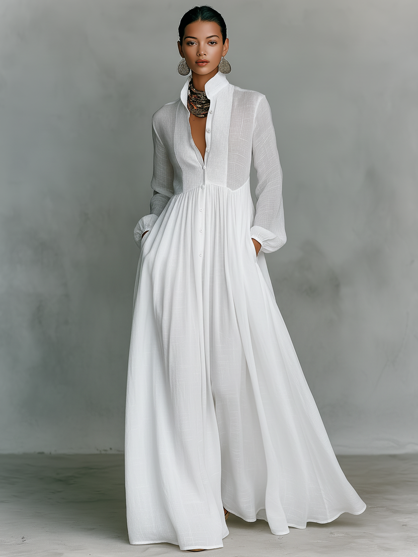 Chic Cotton-Linen Maxi Dress with Patchwork, High Collar, and Long Sleeves