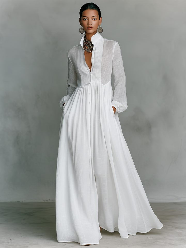 Chic Cotton-Linen Maxi Dress with Patchwork, High Collar, and Long Sleeves