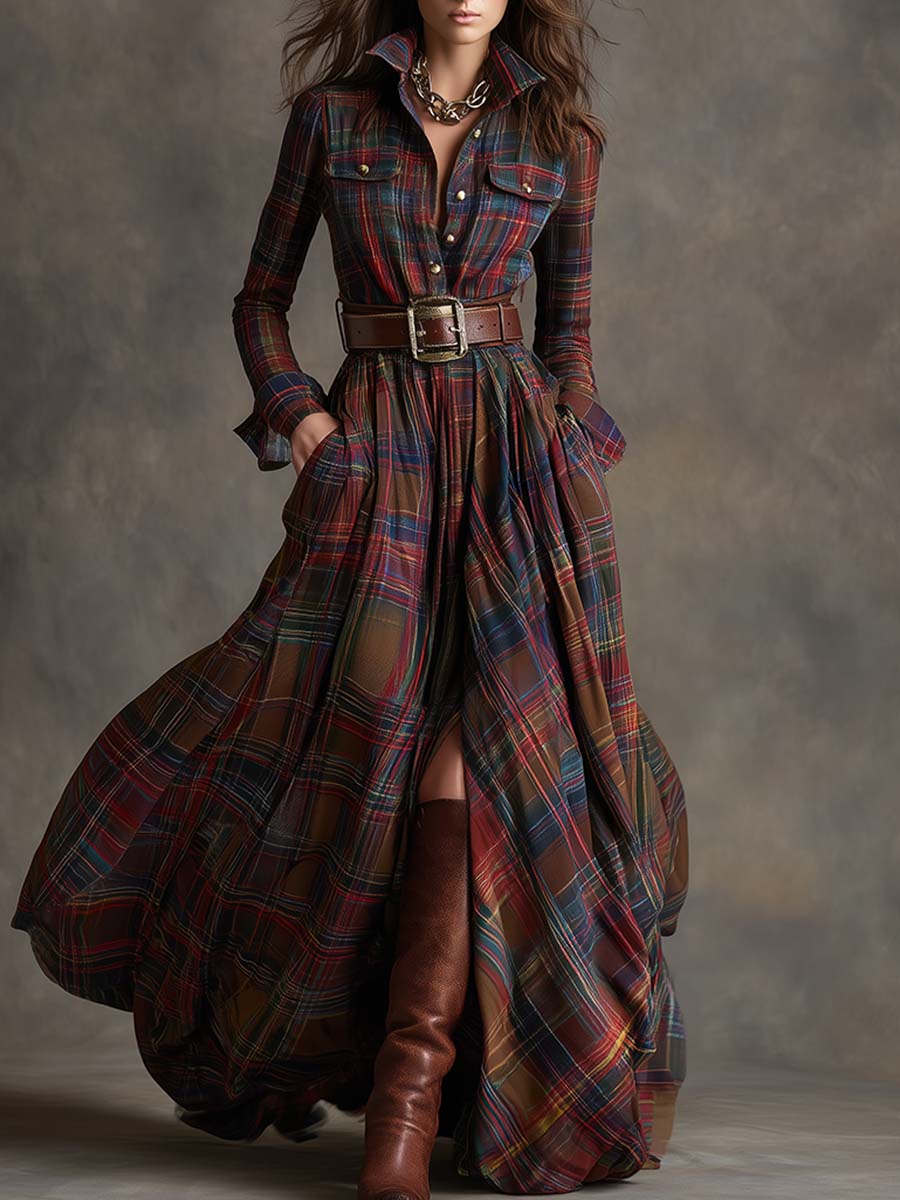 Harriet™ – Belted Plaid Maxi Shirt Dress