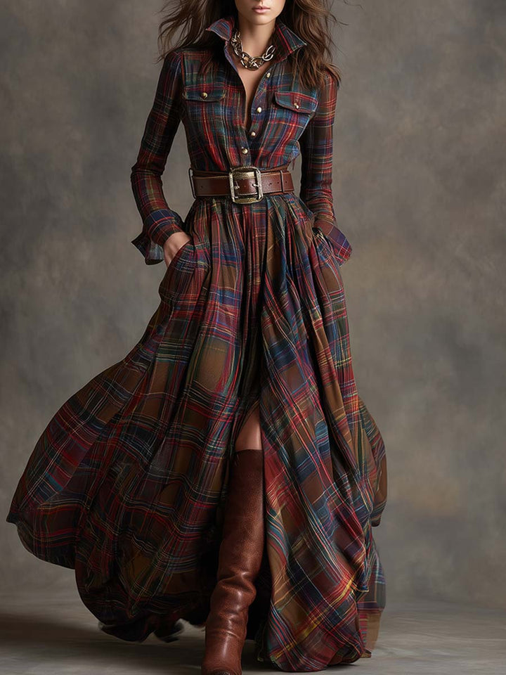Harriet™ – Belted Plaid Maxi Shirt Dress