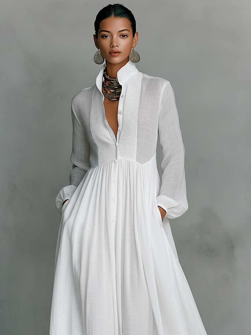 Chic Cotton-Linen Maxi Dress with Patchwork, High Collar, and Long Sleeves