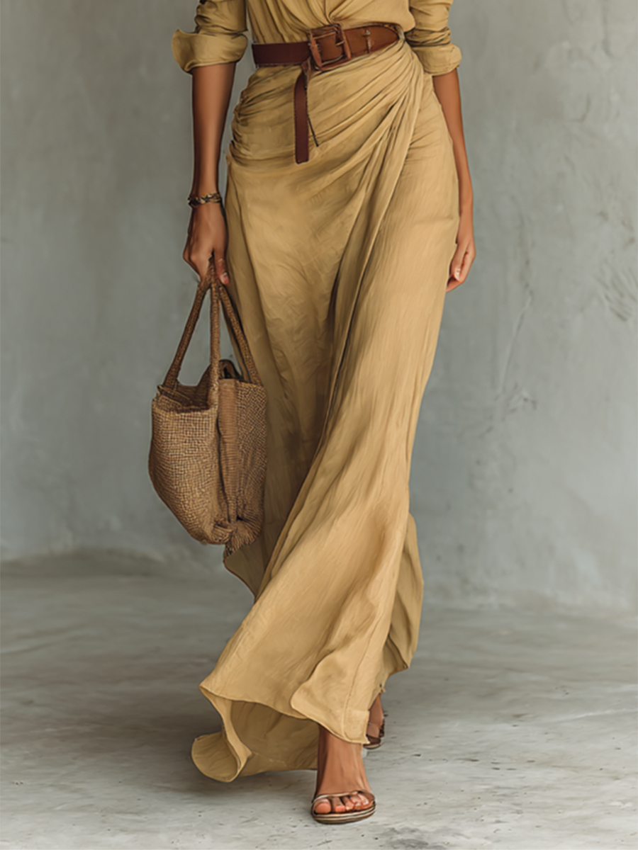 Women's Long Maxi Dress with Notched Collar and Full Sleeves