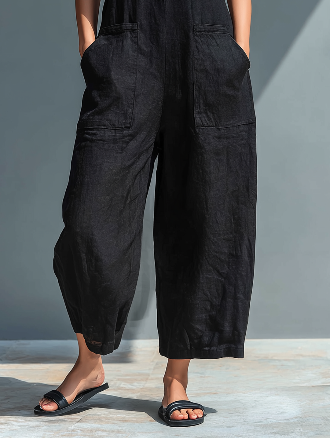 Women's Sleeveless High-Collar Linen Blend Jumpsuit with Button Details