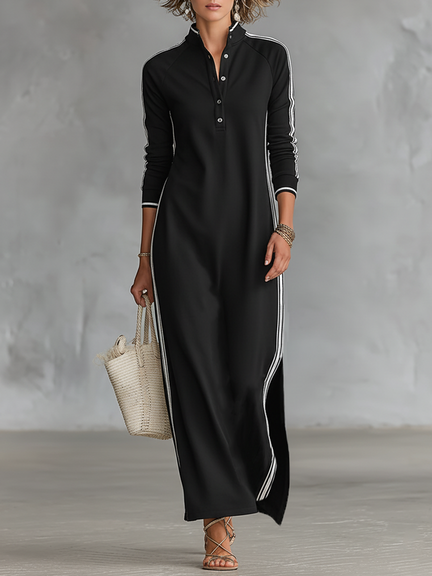 Women's Maxi Sweatshirt Dress with Button-Down Collar and White Trim