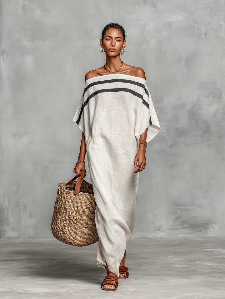 Women's Maxi Linen Dress with Off-the-Shoulder Neckline and Batwing Sleeves - Minimalist Style