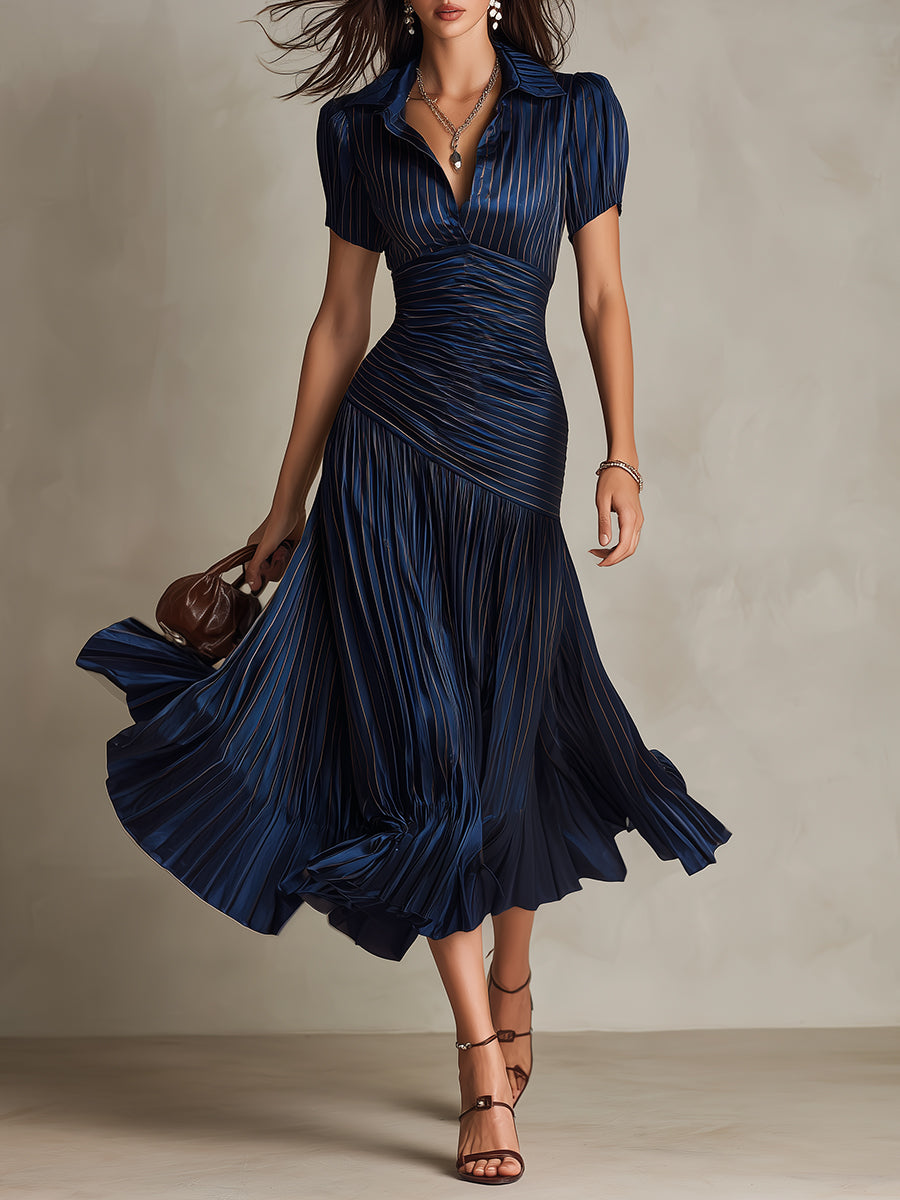 Adriana™ – Retro Striped Satin Midi Dress