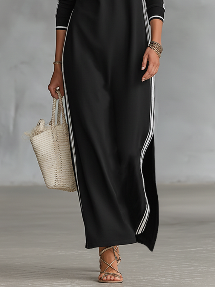 Women's Maxi Sweatshirt Dress with Button-Down Collar and White Trim