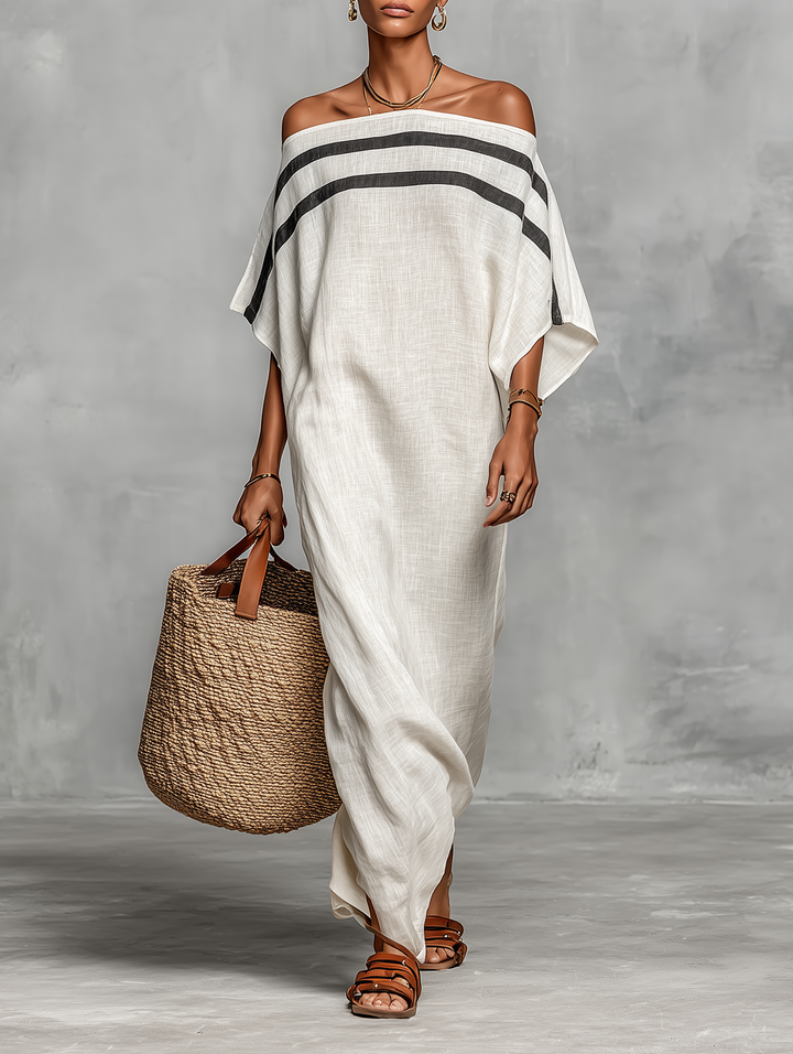 Women's Maxi Linen Dress with Off-the-Shoulder Neckline and Batwing Sleeves - Minimalist Style