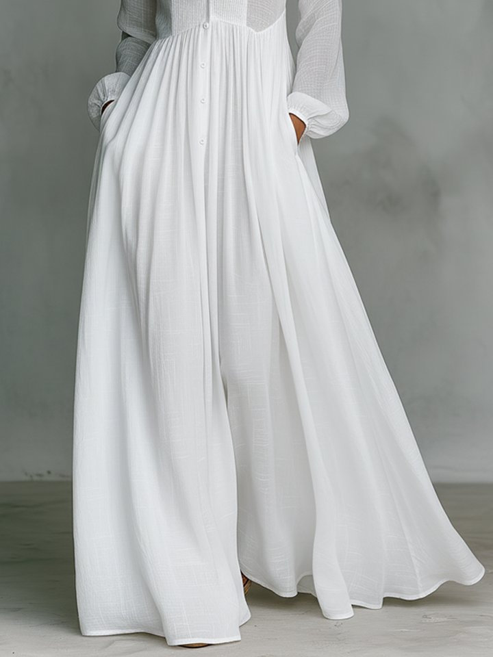 Chic Cotton-Linen Maxi Dress with Patchwork, High Collar, and Long Sleeves