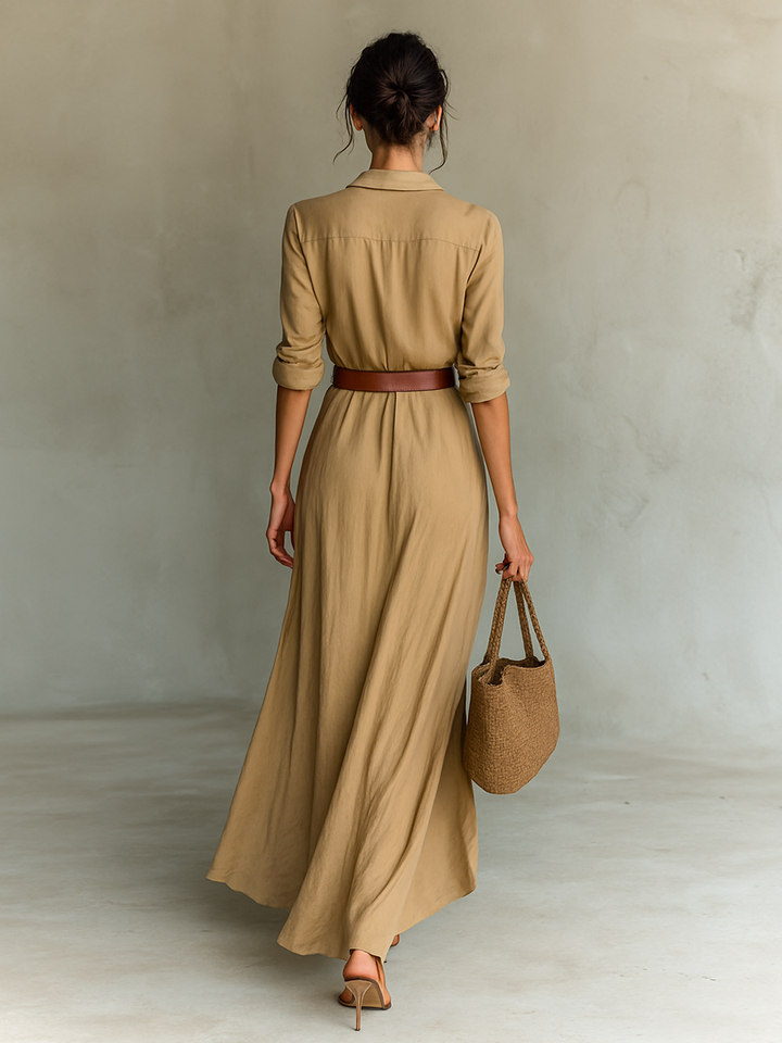 Women's Long Maxi Dress with Notched Collar and Full Sleeves