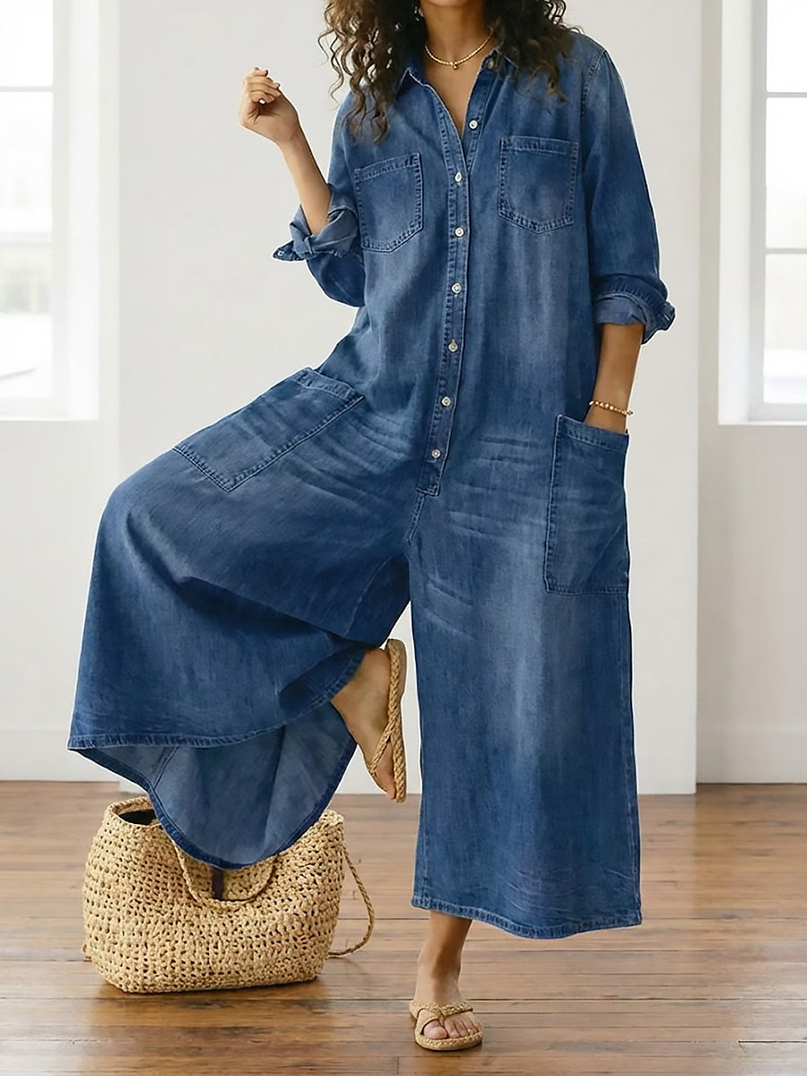 Diana™ | Retro Denim Button-Up Jumpsuit