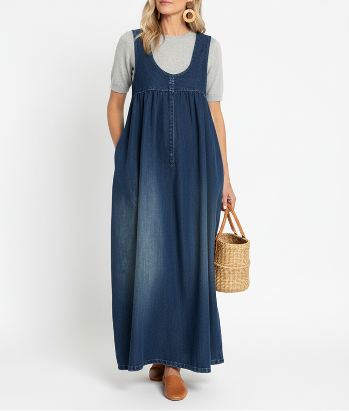 Karen™ | Retro-Inspired Washed Denim Maxi Dress
